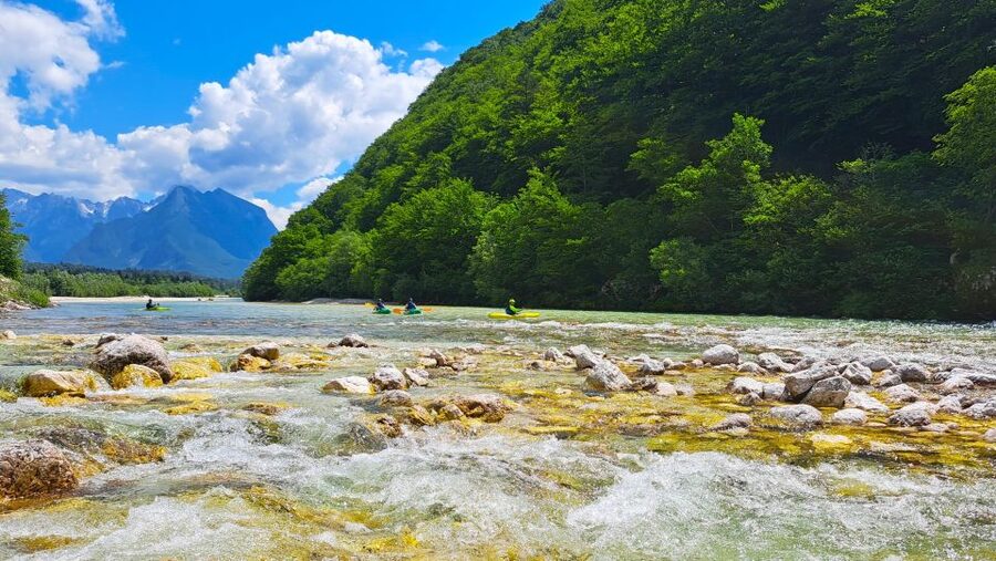 Bovec: Iconic Sit-on-Top Kayak Tour on Soča River +FREEphoto - Boka Waterfall and Mount Triglav from the water