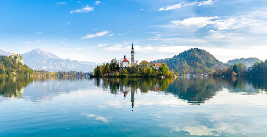 The island church on Lake Bled under the Karavanke ridge